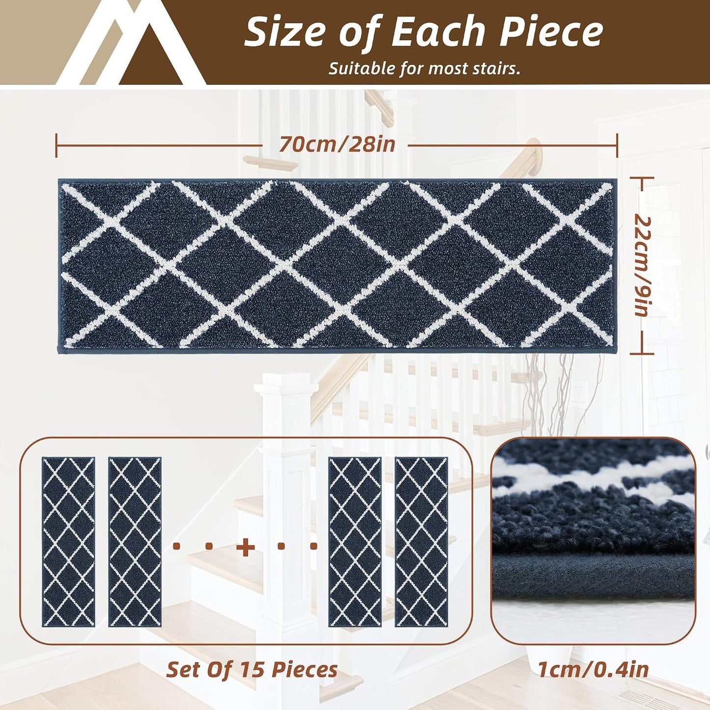 COSY HOMEER Carpet Stair Treads for Wooden Steps Non-Slip Indoor,4pcs, Navy | Peel and Stick,Reusable Adhesive,Residue Free,Washable,Pet Friendly,Soft Stair Runner for Kids,Elders,Multi-Surface Use