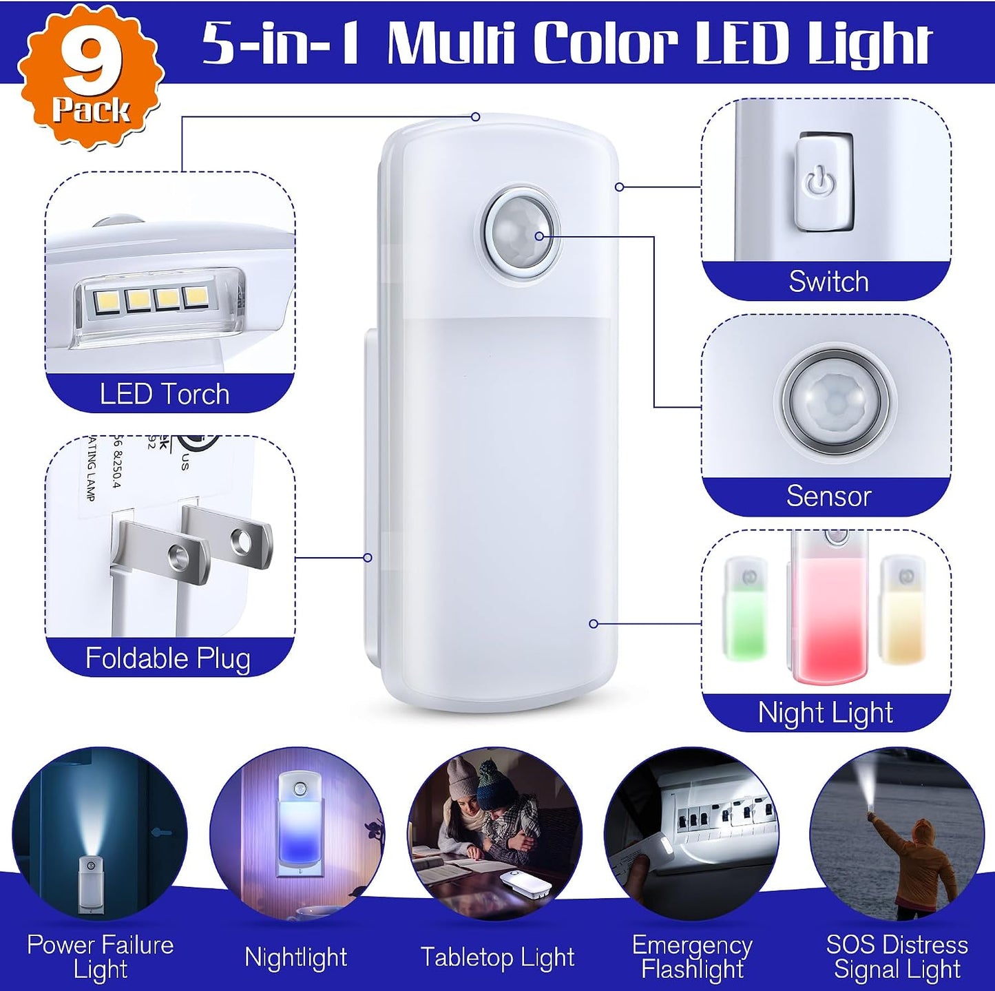 Enhon Emergency Power Failure Night Lights, 5-in-1 Multi Color LED Light, Rechargeable Flashlight with Foldable Plug, Automatic On Off Motion Sensor for Bedrooms, Hallways, Black Outs(3 Pack)