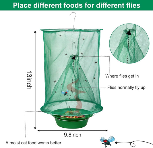 4 Pack Ranch Fly Traps Outdoor Hanging, Reusable Stable Fly Hunter Catcher Cage with Food Bait Tray, Flies Control Killer Repellent for Barn, Orchard, Farm, Horse, Patio