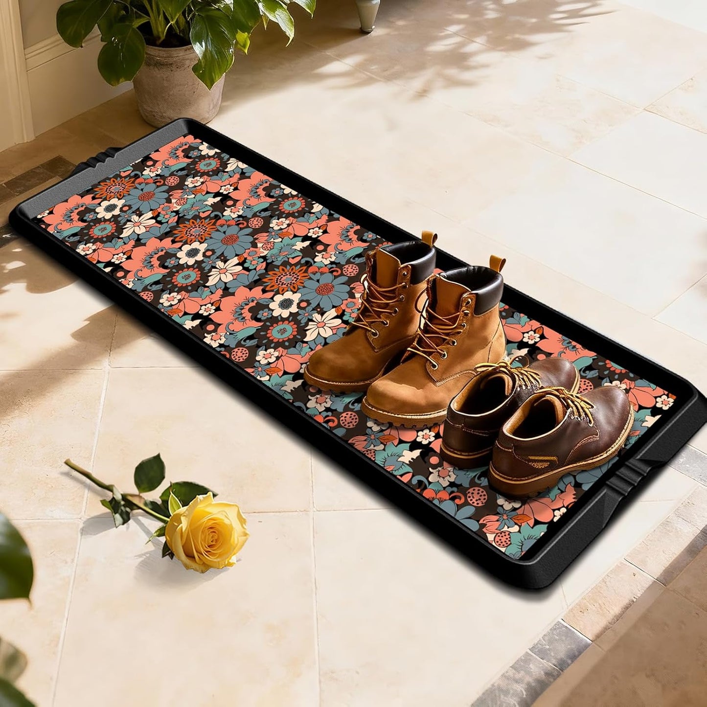 BEHERO Boot Tray Shoe Mat Decorative Patterned, Rubber Shoe Matt Tray Indoor/Outdoor Use, 16" x27.5" Shoe Cleaning Mat Non-Slip, Shoe Storage Waterproof Flower Prints for Entryway, Sunlit Blossom
