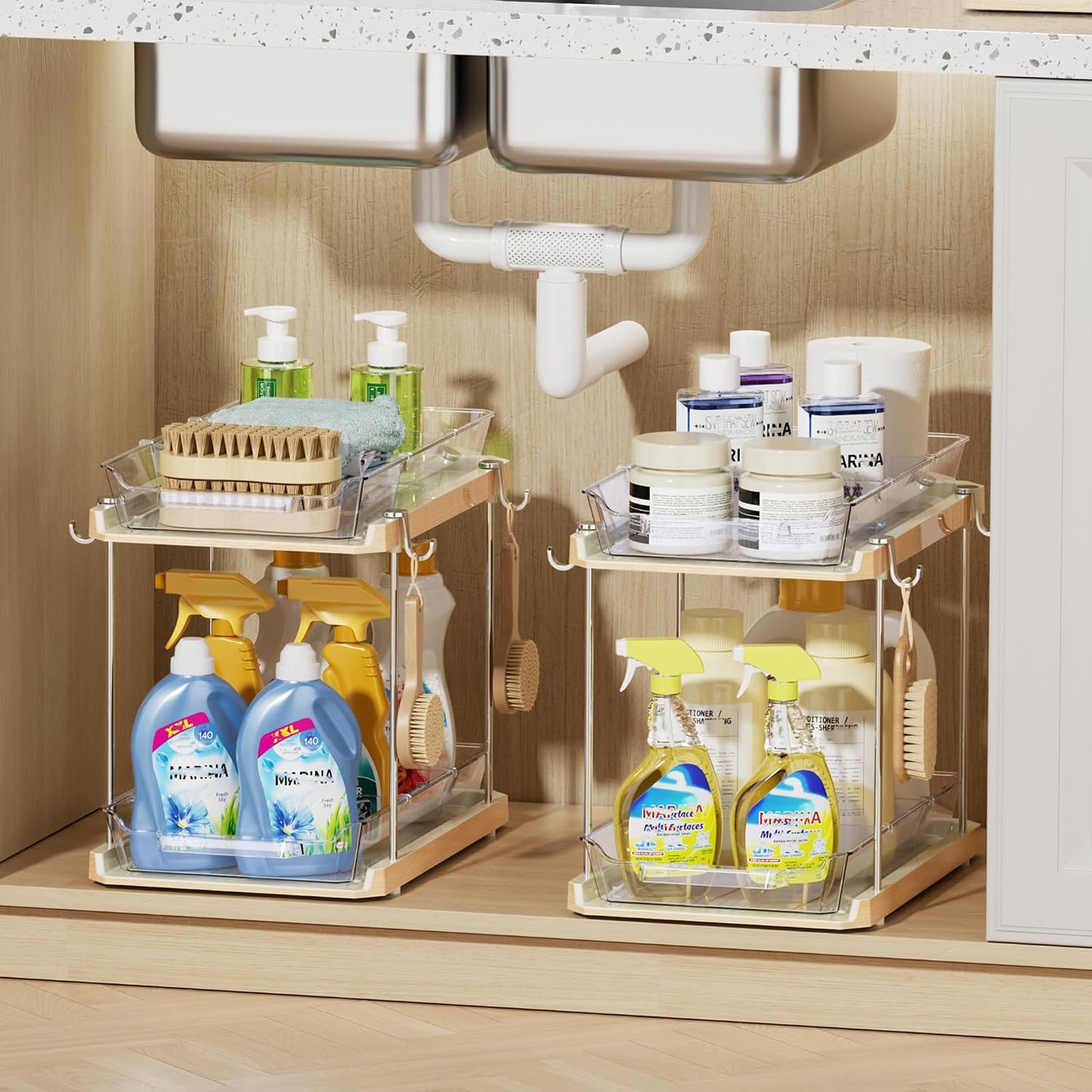 Delamu 2 Tier Under Sink Organizer Bathroom, Bathroom Cabinet Organizer with Snap-Lock Design and Hooks, Pull Out Storage with Movable Dividers, for Countertop, Kitchen and Pantry (Clear, 2 Pack)