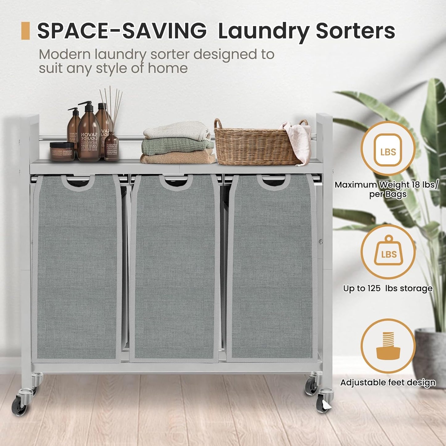 SwaaVee Laundry Sorter, Laundry Hamper 3 Section, 3×11.4Gal, Metal Frame Rolling Laundry Basket with Wooden Top Shelf, Pull out and Removable Laundry Bags, 3 Bags-Gray