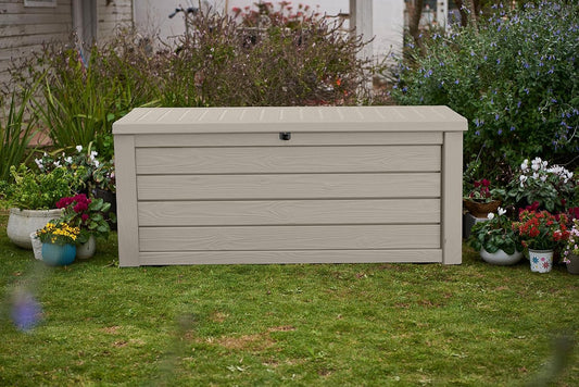 Keter 150 Gallon Resin Large Deck Box Organization and Storage Box for Patio, Outdoor Cushions, Garden Tools, Brown | Hydraulic Pistons, Resin, Weatherproof