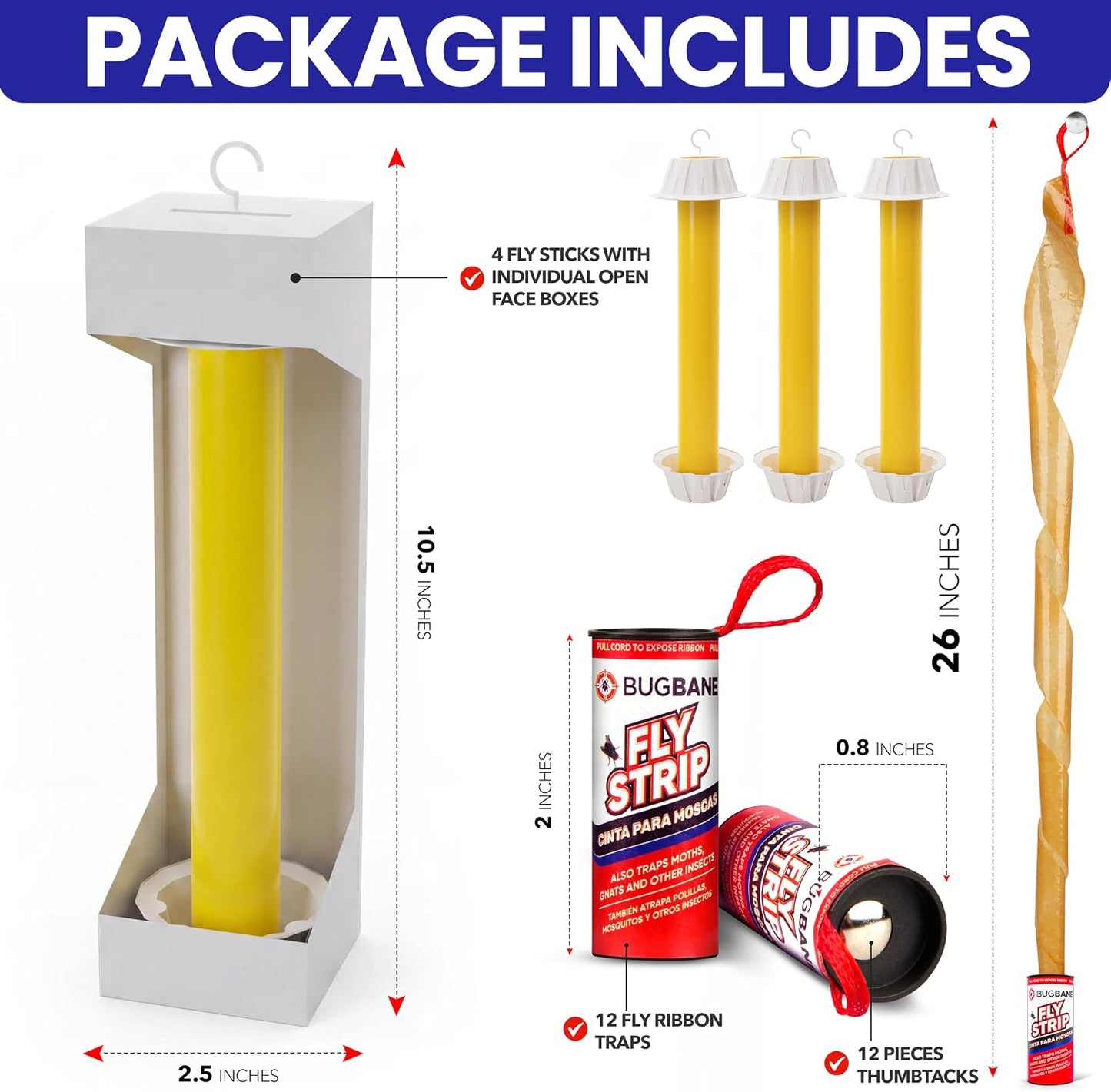 Fly Stick Sticky Fly Traps for Indoors Outdoor 4pk with 12 Ribbons. Non-Toxic Super Sticky Hanging Flies Catcher Paper Tape Strips for Home