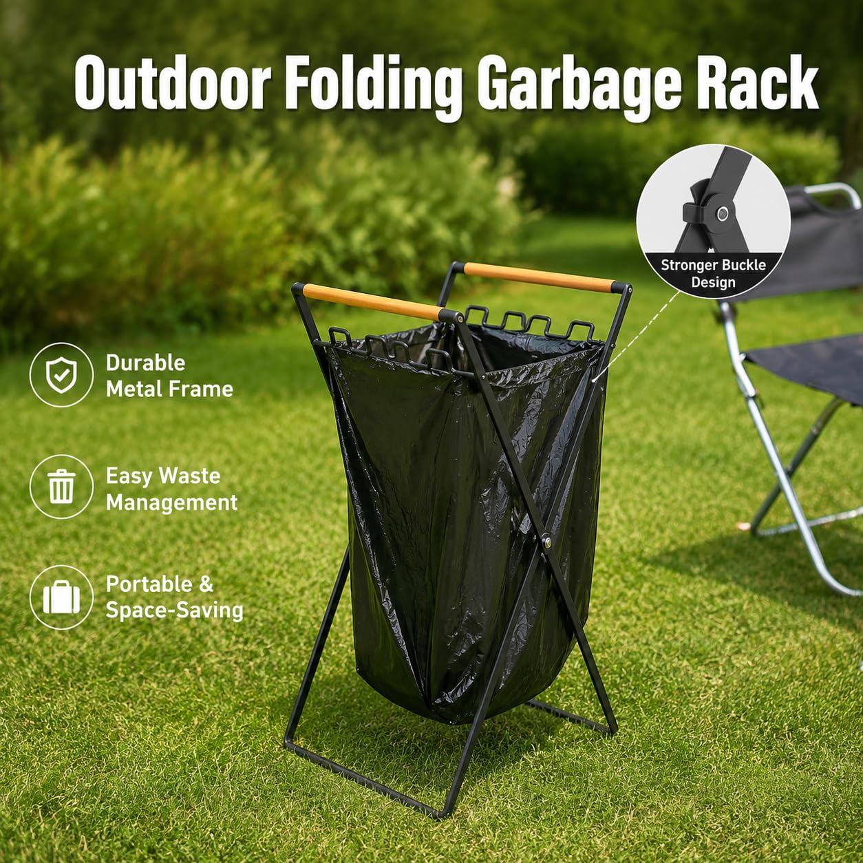 Metal Folding Trash Bag Holder with Wooden Handles, Portable Rubbish Stand for 30-45 Gallon Bags, Heavy Duty Refuse Sack Frame Garbage Holder for Garden Waste, Camping and RV