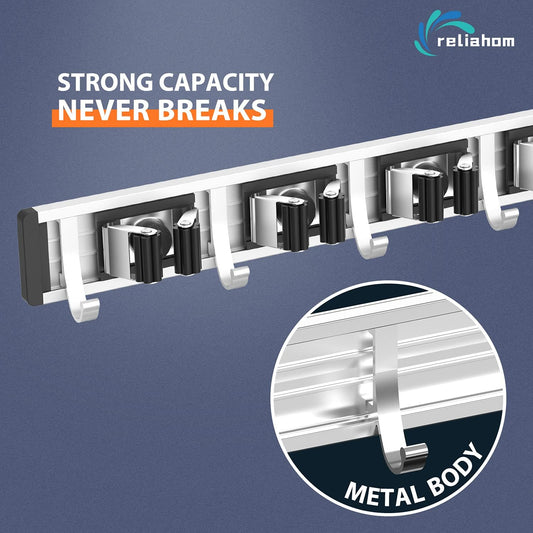 reliahom Broom Holder Wall Mount Mop Hanger Tools organizer 4Racks 5Hooks | Adjustable Mop Broom Wall Hanging Heavy duty Tools Storage Rack Space-saving for Garage,Kitchen,Laundry Room,Garden, Silver
