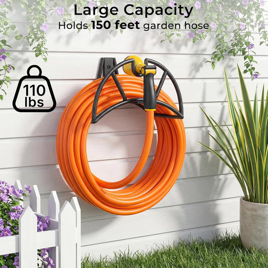 TomCare Garden Hose Holder Wall Mount Metal Water Hose Holder Holds 150Ft Hoses Heavy Duty Hose Hanger Sturdy Hoses Storage Organizer for Outside Yard Garden, Black
