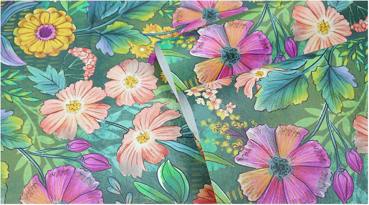 HAOKHOME Peel and Stick Wallpaper Floral Renter Friendly Wall Paper Green/Purple/Pink for Bathroom Kitchen Contact Paper 17.3in x 9.8ft