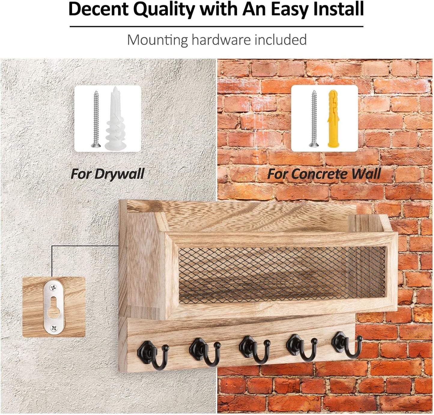 Nekon Mail and Key Holder for Wall Decorative, 11 Inch Wooden Wall Key Organizer with 5 Key Hooks, Wall Mount Storage Shelf for Entryway Hallway (Brown)