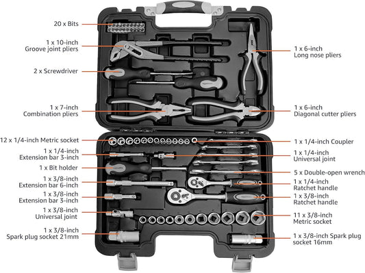 Amazon Basics 173-Piece General Household Hand Tool Set with Storage Case, Portable Tool Kit for Home Maintenance and Everyday Repairs