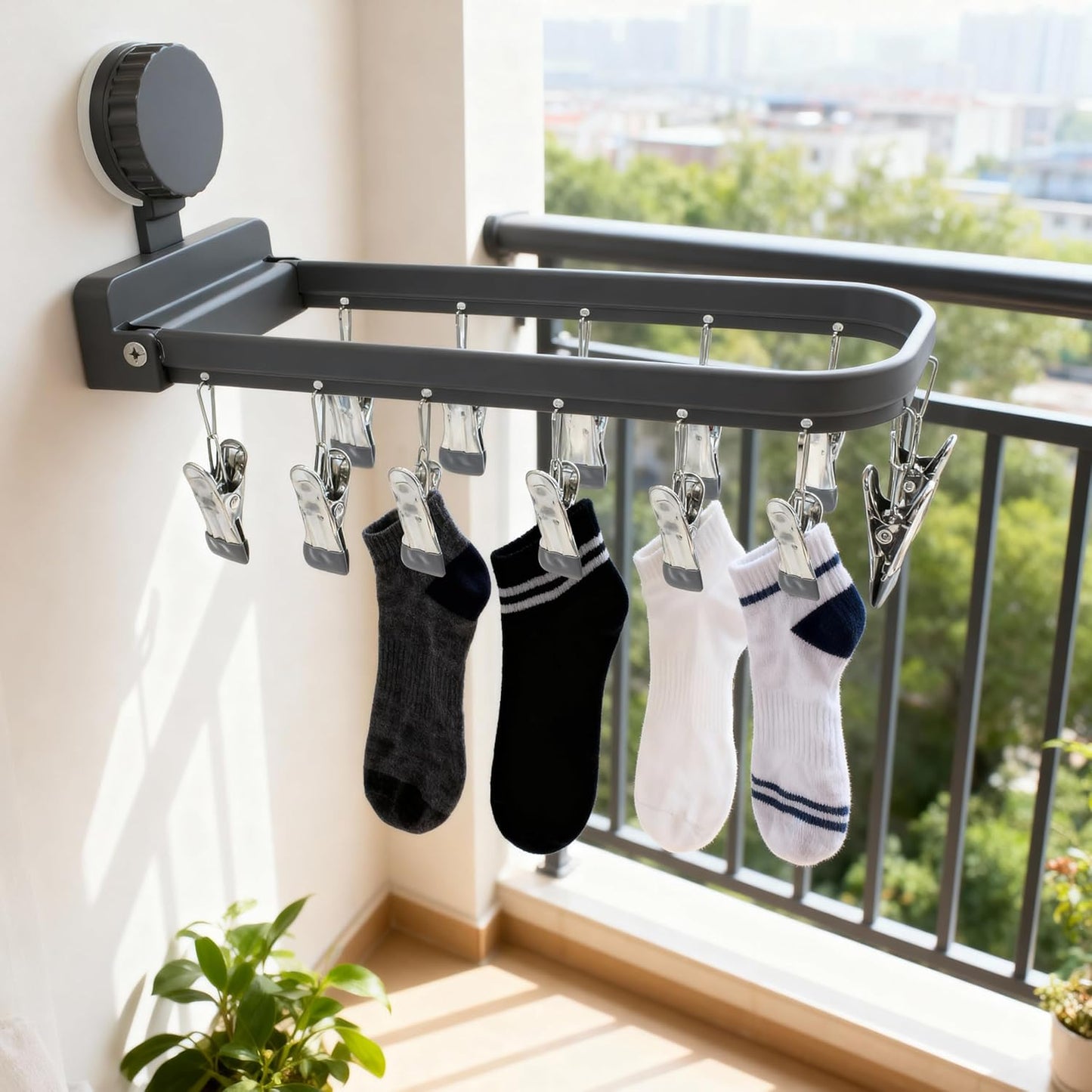 Foldable Laundry Drying Rack with 15 Clips, Wall Mount Suction Cup Hanger for Socks Undergarments Towels, Space Saving Clothes Organizer, Cream White