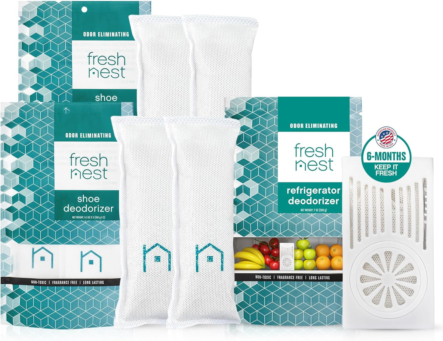 Deodorizer Bundle: Refrigerator Odor Eliminator with Zeolites (2 Pack) – Outshines Baking Soda, Charcoal & Shoe Deodorizer with Zeolites (1 Pack) for Shoes, Gym Bags, Closets, Pet Areas