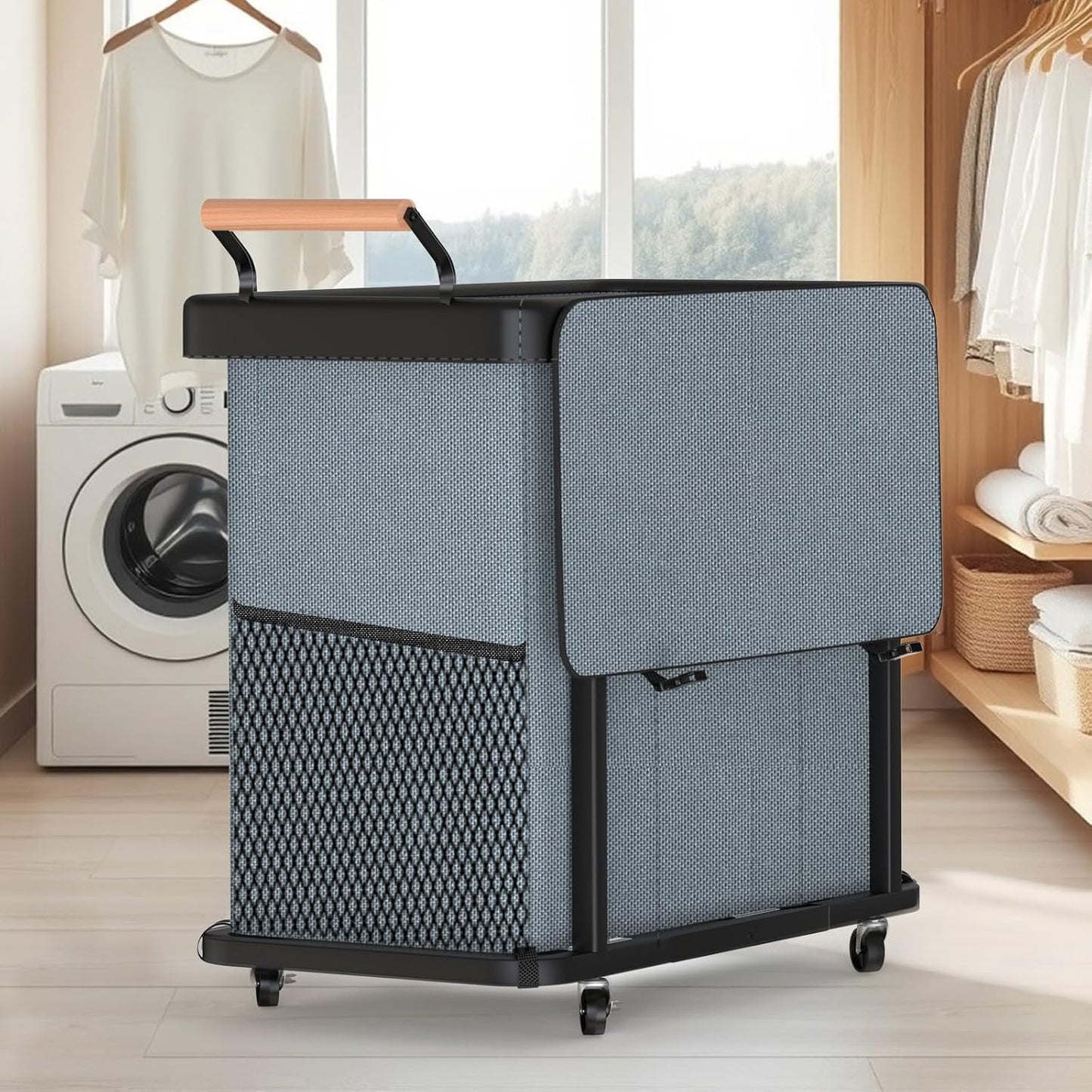 Rolling Laundry Hamper with Wheels, Laundry Hamper 3 Section with Lid, Laundry Basket with Rolling Lockable Wheels and Handle, Laundry Basket Organizer for Laundry Room, Bedroom 230L Black