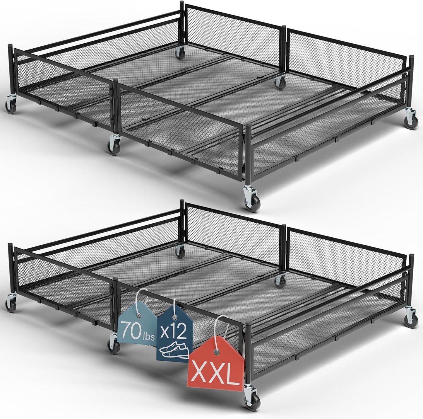 Under Bed Storage with Wheels – Heavy Duty Large Metal Storage Container (70lb Load), Low Profile Rolling Organizer with Removable Rubber Wheels, Easy Access for Clothes, Shoes & Blankets