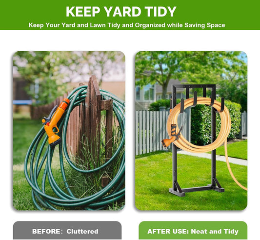Garden Hose Holder with Stable Base and Tool Hooks, GAVISCITY Heavy-Duty Metal Hose Hanger Garden Hose Storage Holds 151Ft Hose, Rustproof Freestanding Water Hose Holder for Outside, Yard, Lawn, Black