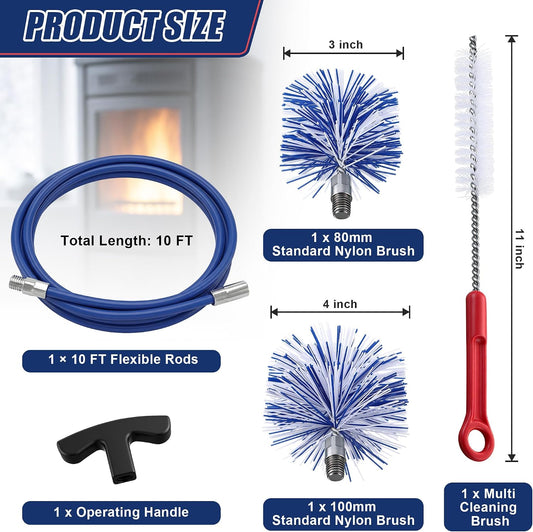 Dreyoo Pellet Stove Cleaning Brush Kit, 20 FT Flexible Steel Rod with 3" Brush Head, T Handle, Multi Purpose Flue Detail Cleaner, Nylon Stove Flue Pipe Kit for Pellet Furnace Exhaust Pipes