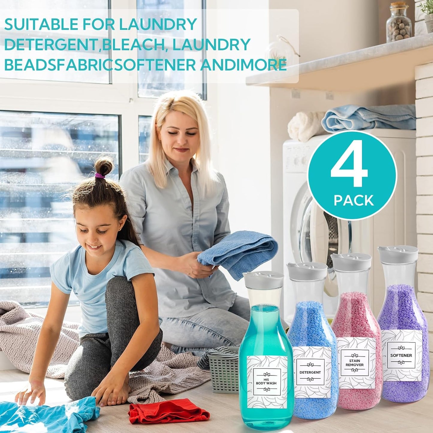 VZZNN 4 Pack Laundry Bottles 53oz Plastic Liquid Detergent Dispenser with 20 Label Laundry Room Organization for Liquid Powder Bleach Scent Booster Beads Soap Fabric Softener