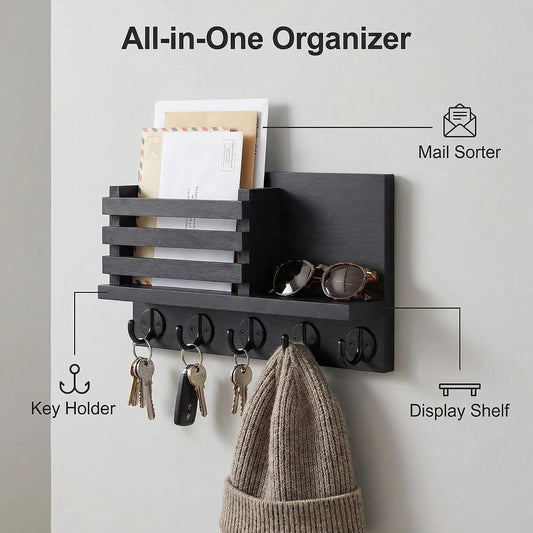 Wall Key Hook, Mail Organizer with 5 Metal Key Hooks, Decorative Key Rack Wall Mount, Tung Wood, 11.8 x 6.7 inches, Includes mounting Hardware (Brown)