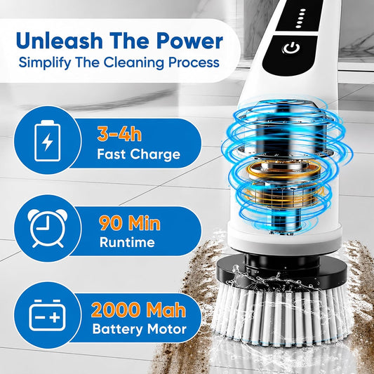 7-in-1 Electric Spin Scrubber with Long Handle, Cordless Power Scrubber with 2 Speeds & 7 Replaceable Brush Heads for Bathroom, Shower, Bathtub, Tile, Floor, Glass & Car Cleaning.
