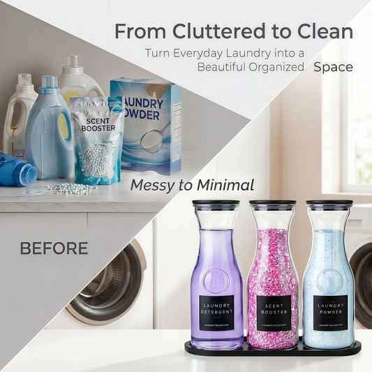 3 Pack Glass Laundry Detergent Containers with Bamboo Tray, 34OZ Liquid Laundry Soap Dispenser with 12 Labels, Silicone-Sealed Lids for Detergent, Scent Booster & Powder, Laundry Room Organization
