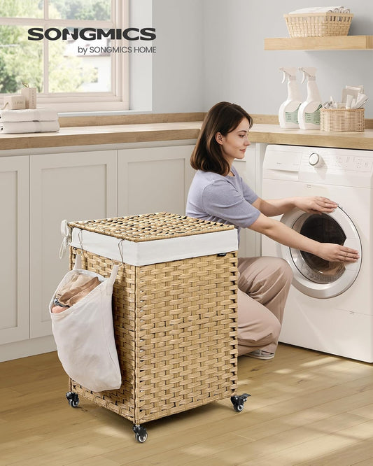 SONGMICS Laundry Hamper with Lid, 37 Gallons (140 L), Rolling Laundry Basket with Wheels, 3-Section Synthetic Rattan, Removable Liner, Bedroom, 26 x 13 x 26 Inches, Gray ULCB363G01