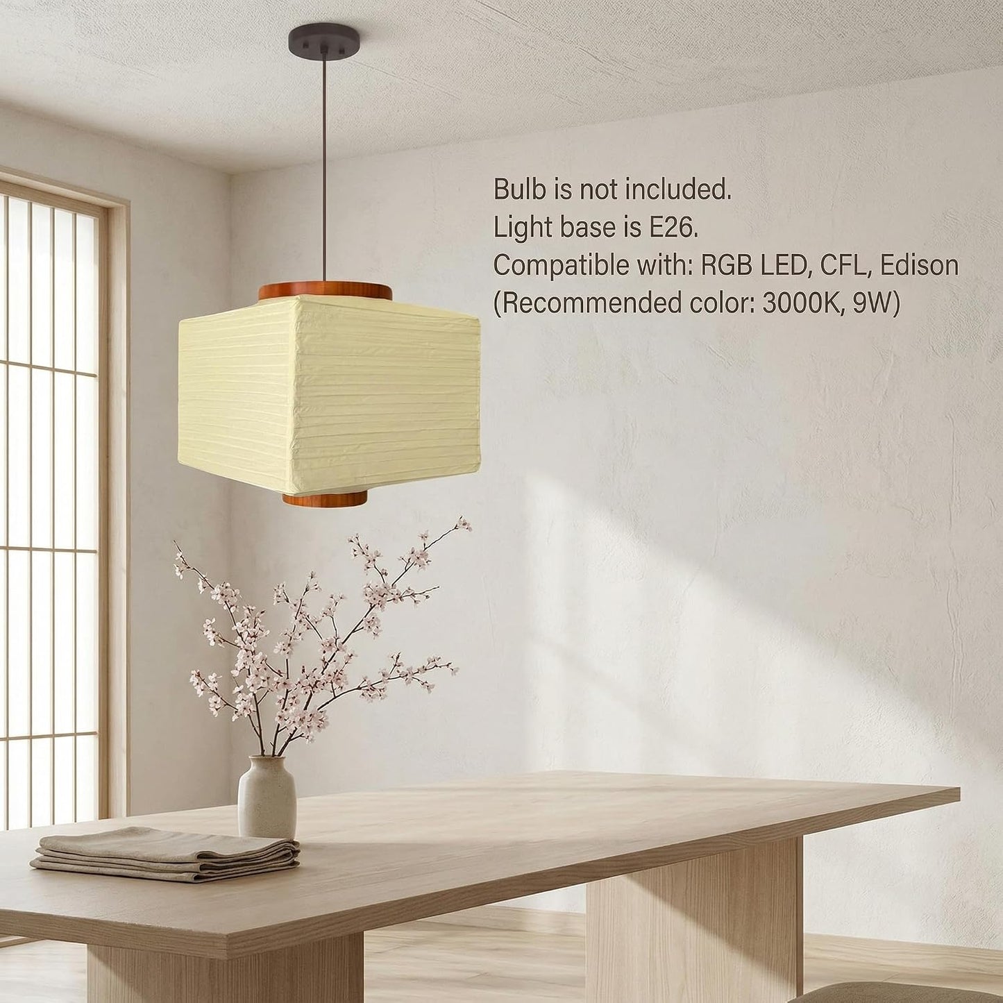 Nogy Paper Lantern Lamp Japanese Style Pendant Light - Off White Rice Hanging Paper Lamp Shade with Cord (11.5 Hardwired Square (Ceiling))