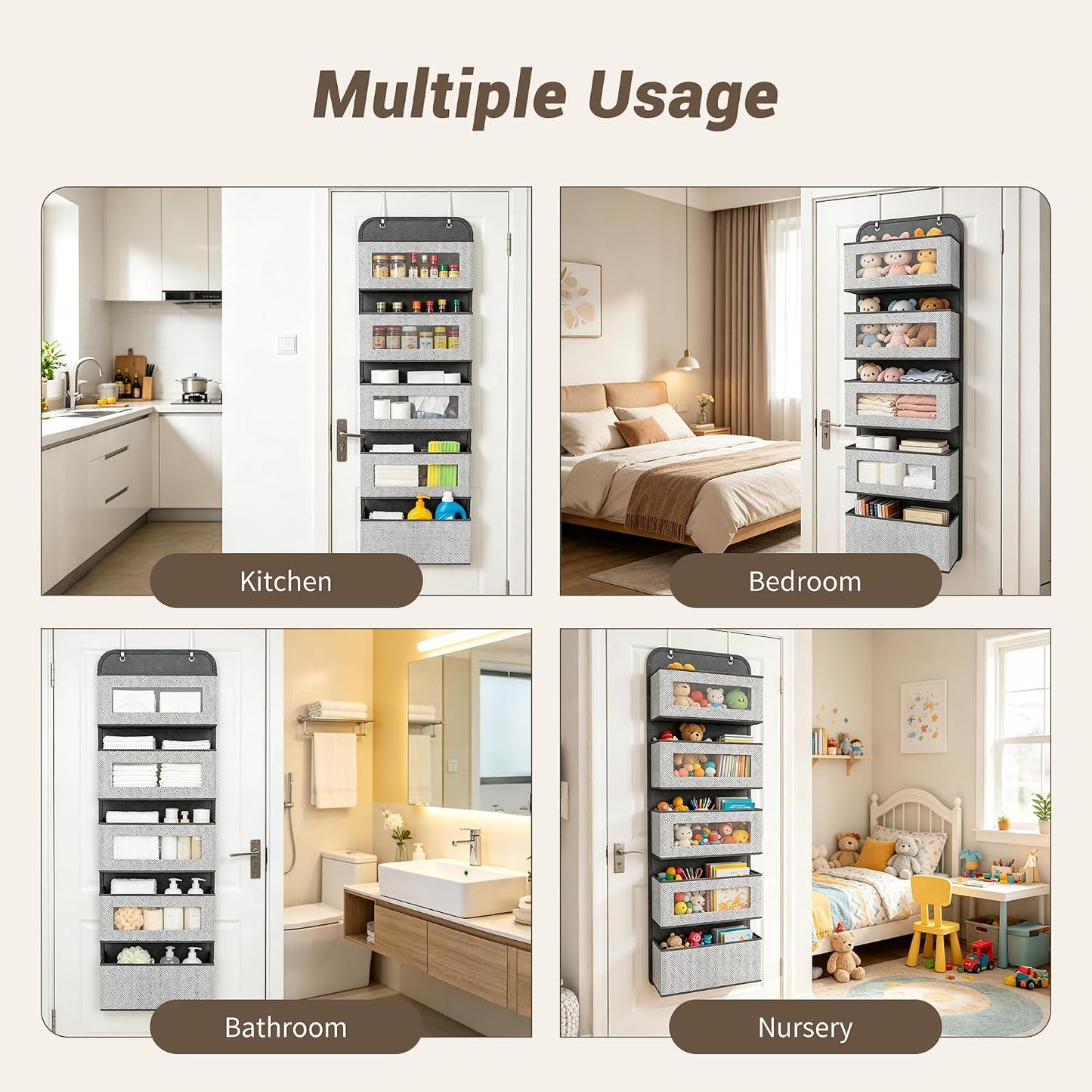 Narrow Over The Door Organizer, 5 Large Pockets Fabric Storage, 12" Wide | With Metal Hooks, Clear Window for quick view, 11.8" Slim design, Back of Door Hanging for Clothes Pantry Dorm Bedroom