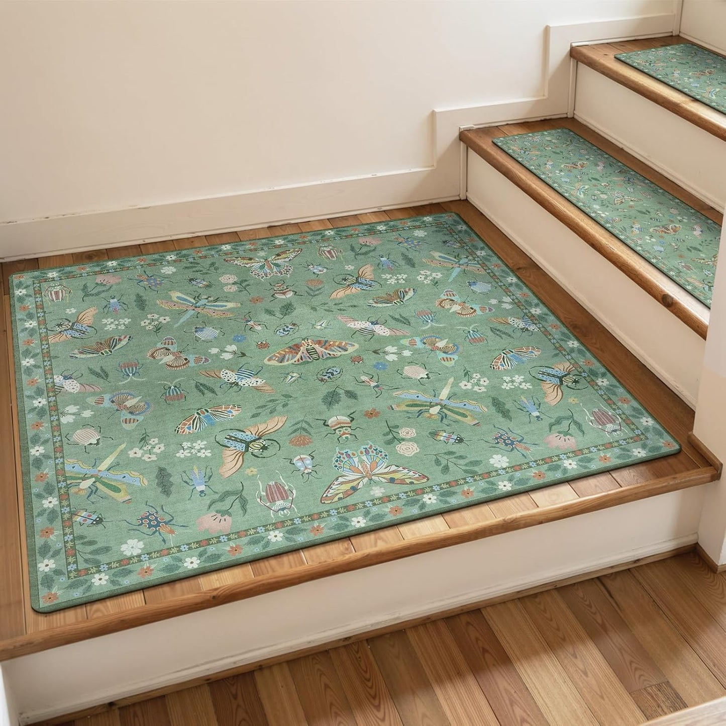 OJIA Insect Print Stair Treads Non Slip Stair Runners for Wooden Steps Indoor, 15PCS 8"x30" Rubber Backing Carpet Treads for Wood Stairs Staircase Step Treads for Kids & Dogs, Stair Covers, Black