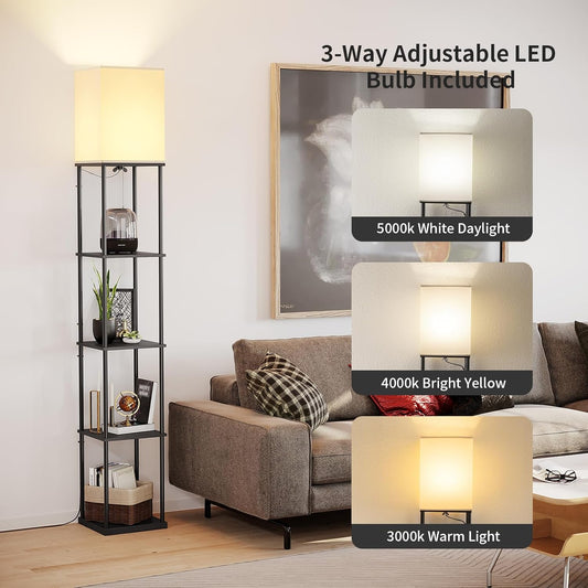 SUNMORY Floor Lamp with Shelves, Modern Square Standing Lamp with 3 Color Temperature Bulb, Corner Display Bookshelf Lamp for Living Room and Bedroom(Black)