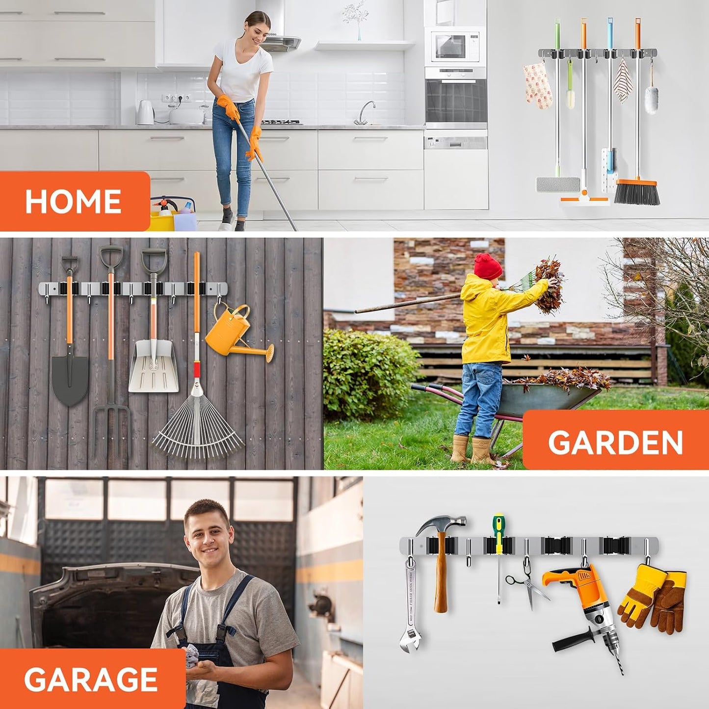 ZONGOOL 2 Pack Broom Holder Wall Mount, 4 Racks and 5 Hooks Mop Hanger Wall Mount Broom Organizer Stainless Steel Heavy Duty Garage Tool Racks for Home Kitchen Garden Laundry (Black)