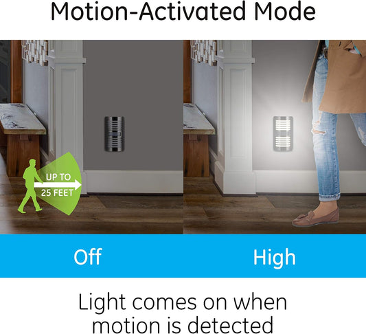 GE Enbrighten LED Motion Sensor Night Light, Plug-in, 40 Lumens, Motion-Select with 25ft Detection, Dusk-to-Dawn, Brushed Nickel Louver – 37299 (1 Pack)