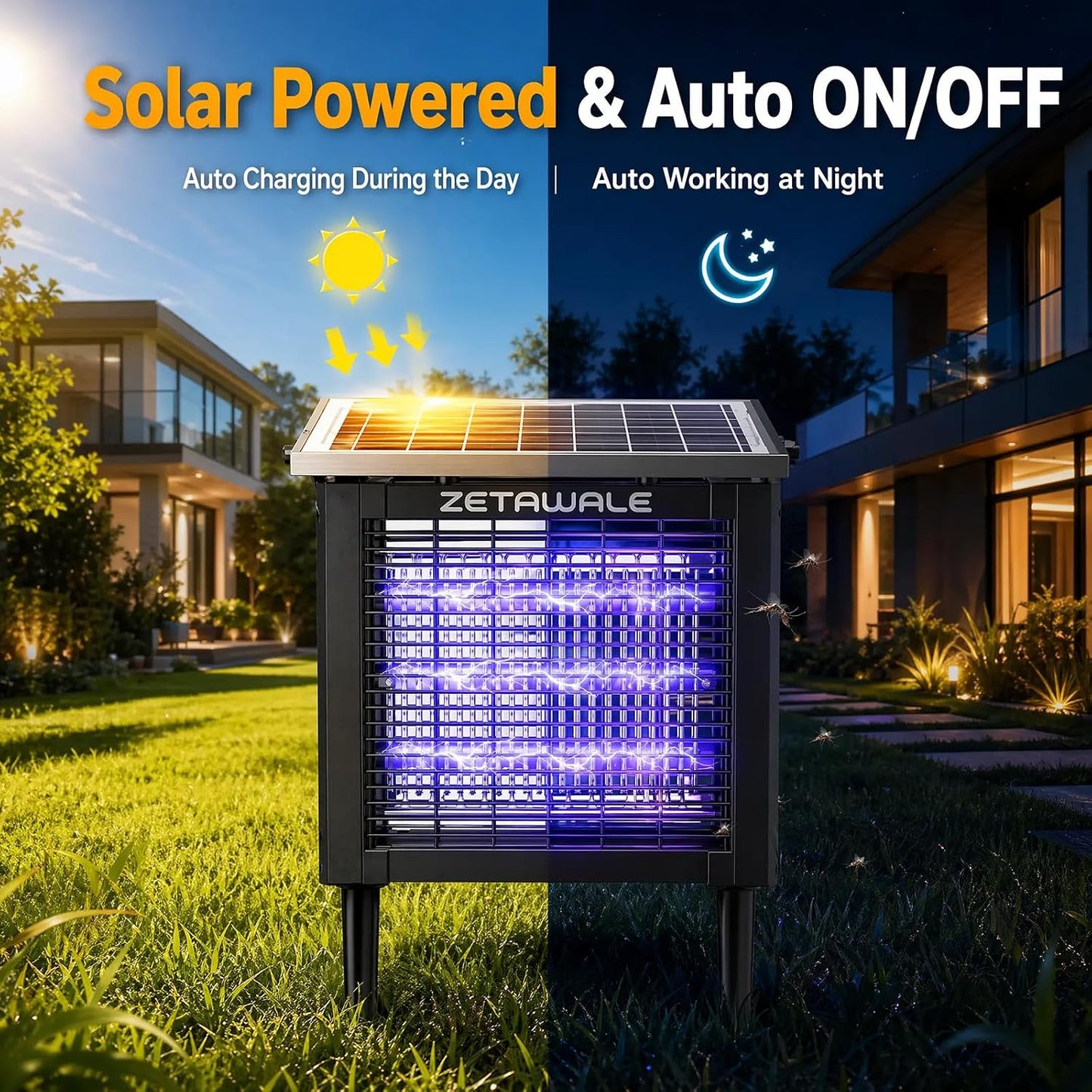 Solar Powered Bug Zapper Outdoor, 4500V Mosquito Trap with 10W Solar Panel, Fly Trap & Mosquito Killer, 10FT Extension Cord, IPX5 Waterproof, 2100 Sq.Ft Coverage for Patio, Backyard, Garden