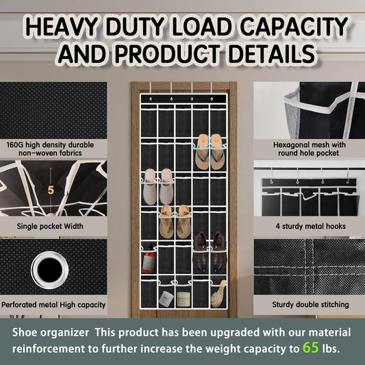 Kotkn Over the Door Shoe Organizer with 30 Breathable Mesh Pockets - Large Capacity Closet Storage for Men & Women, Hanging Shoe Rack Organizer (Gray)
