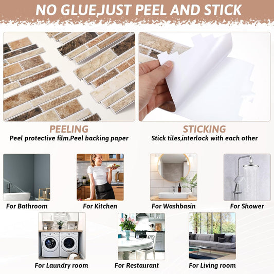 Dimeho 24 Sheet Peel and Stick Tile Backsplash Stick on Backsplash for Kitchen 10"x 5" Back Splashes Self Adhesive Tile Sticker for Bathroom Brown Marble Look