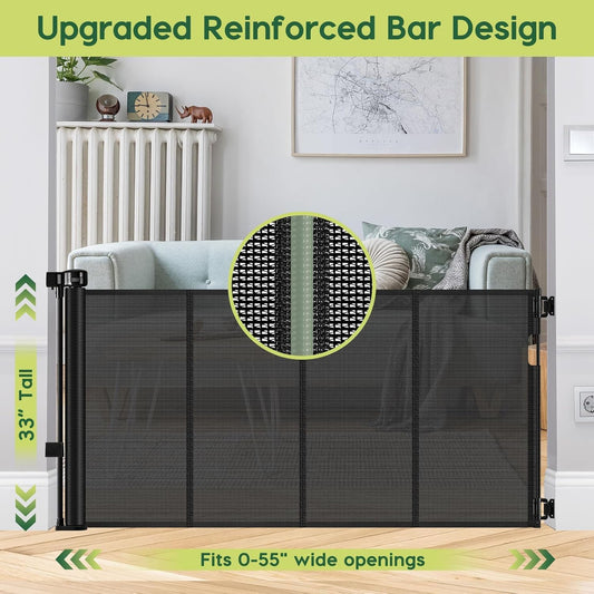 Reinforced 55" Wide Retractable Baby Gates with Reinforced Strips, Indoor/Outdoor Retractable Dog Gate for Doorway Prevent Bottom Drilling Through, No Bottom Bar Safety Mesh Baby Gate for Stair, Black