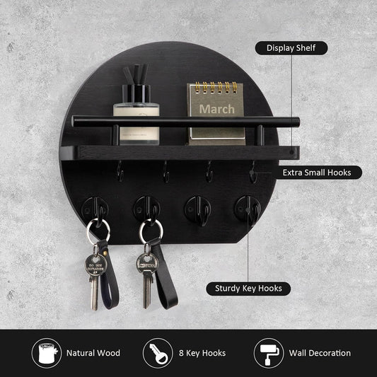 Nekon Key Holder for Wall - 9.8 Inch Apartment Wall Decor with Shelf and 8 Key Hooks, Circular Wood Key Hanger for Home Decor (Black with Golden Hooks)