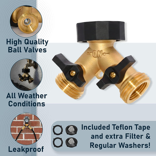 Morvat Heavy Duty Garden Hose Splitter Brass Connector with Comfortable Rubber Grip ON/OFF Two Valves, Y Splitter for Outlet, Water Tap & Spigot, Includes 2 Washers, 2 Filter Washers & Teflon Tape