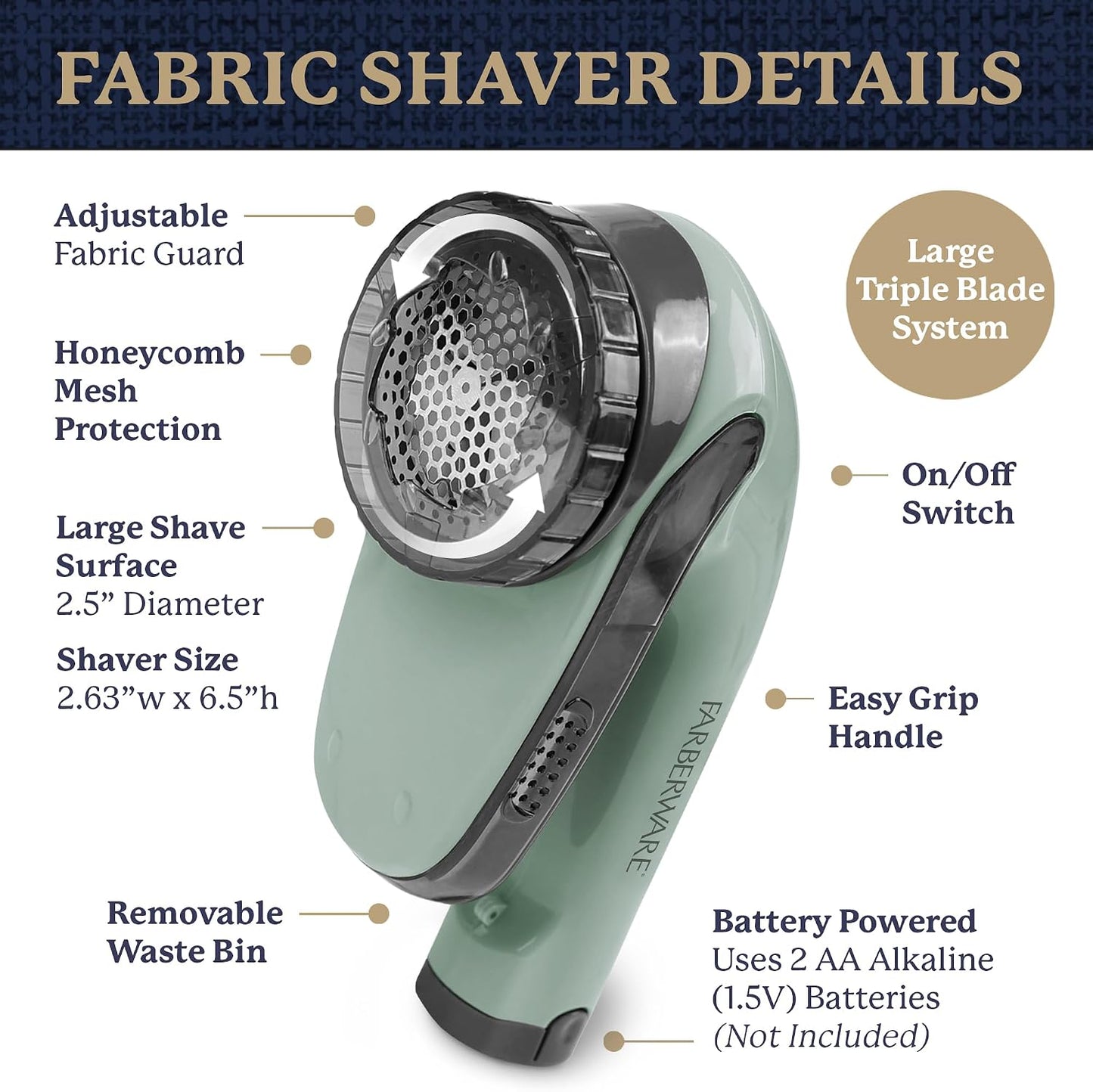 Farberware Fabric Shaver & Lint Remover for Clothes – Battery Operated Lint Shaver with Triple Blades, Sweater Shaver to Remove Pilling for Clothing, Couch, Furniture, Fuzz, Lint Balls