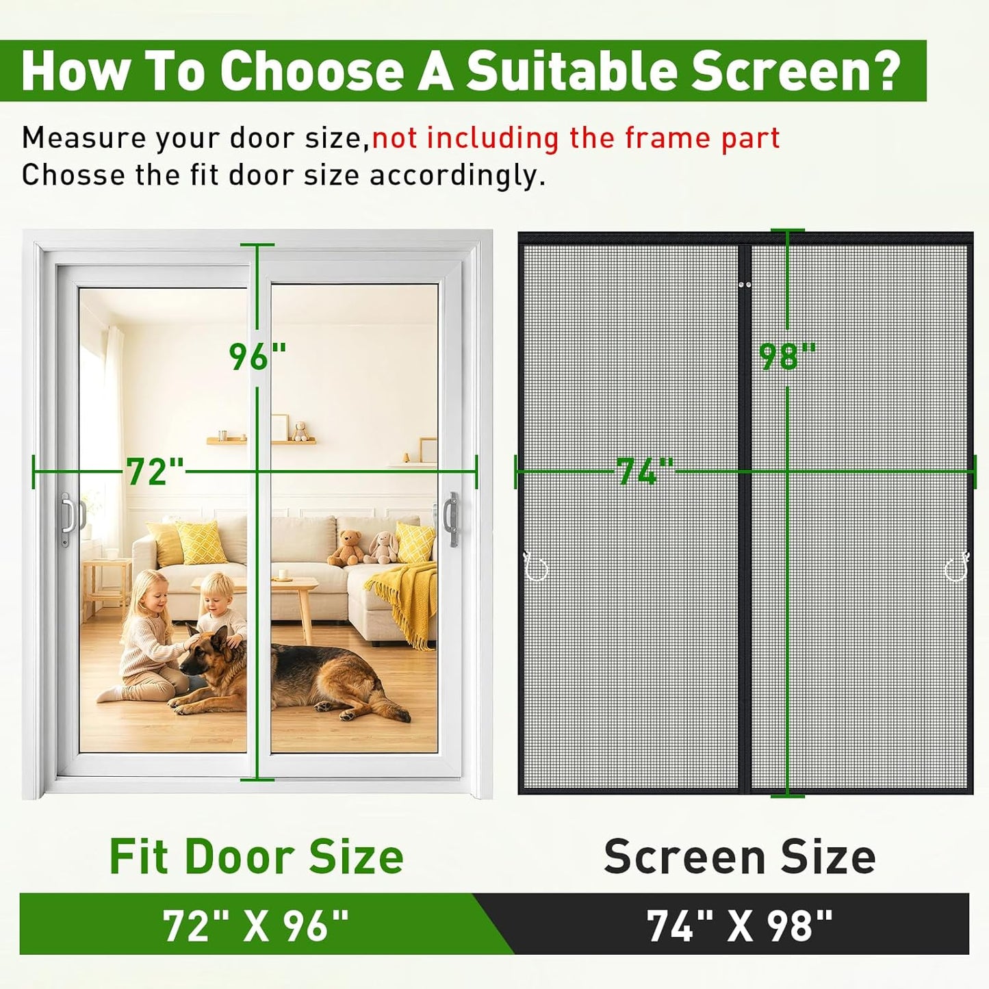 HOFUDON Upgraded Magnetic Screen Door Mesh, Full Strip Magnets, Heavy Duty Fiberglass Mesh, Door Screen Magnetic Closure for Single Door Size 32 x 80 Inch, Screen Door Size 35 x 82 Inch Black