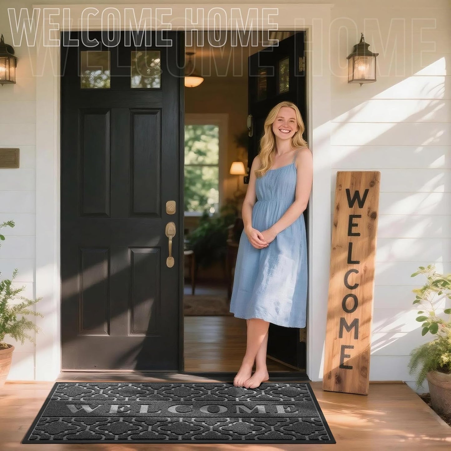 Yimobra Welcome Mat Outdoor Indoor, All-Weather Waterproof Front Door Mat Outside Entrance, Non-Slip Low Profile Porch Patio Doormat, 29.5x17, Black