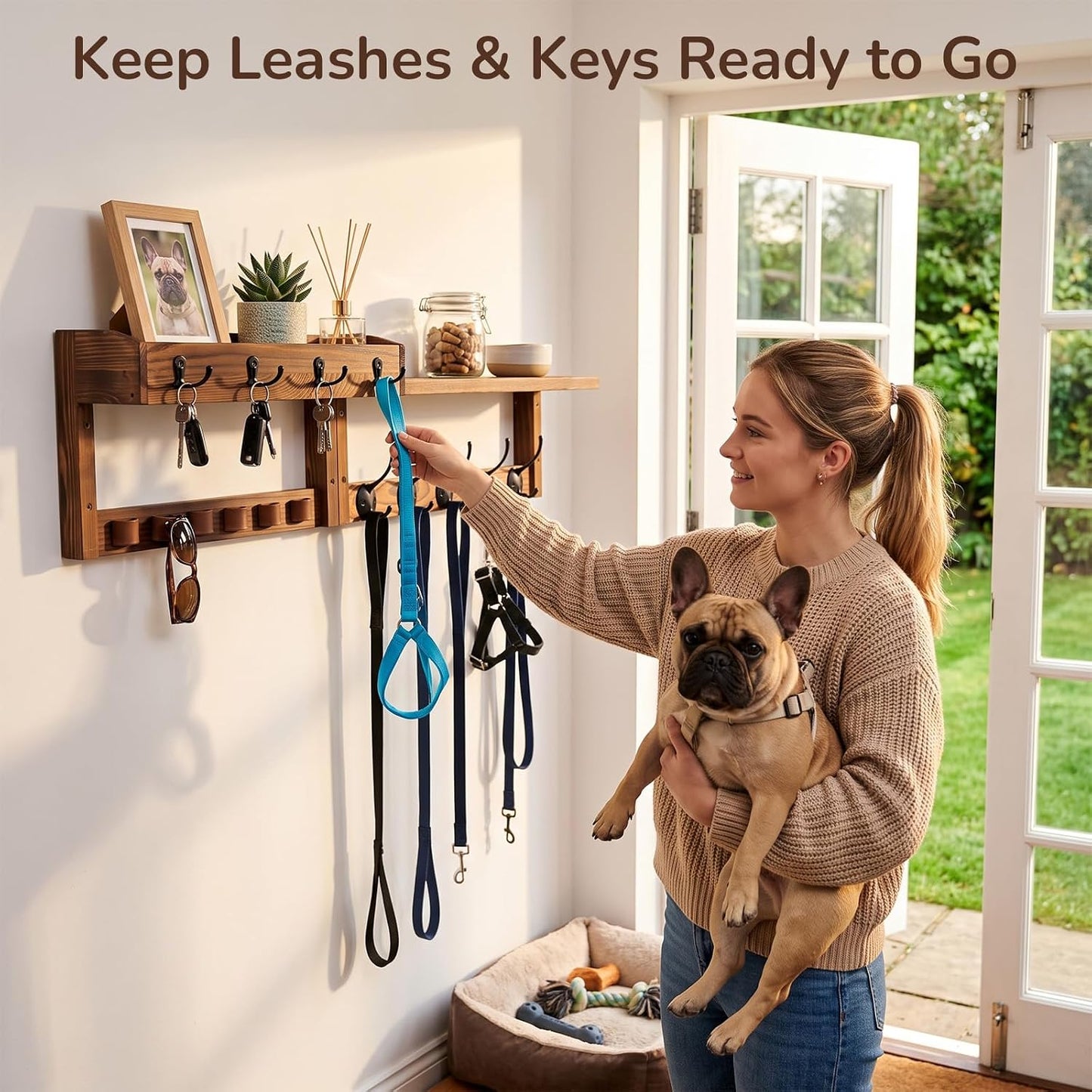 Wooden Key Holder Wall Mount with Shelf, Wall Key Rack and Mail Holder with 9 Key Hooks and 6 Sunglasses Holders, Farmhouse Key Hanger for Entryway Living Room Bedroom, Black