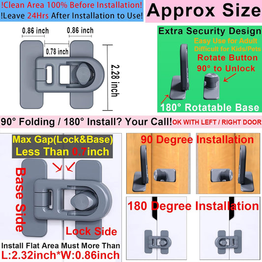 RV Camper Refrigerator Lock, 180° Swivel 90 Degree Adhesive Childproof Fridge Latch for Cabinet No Drill, Baby Proofing Freezer Oven Drawer, Renter Friendly Safety Lock for Toddler Cat 2PCS