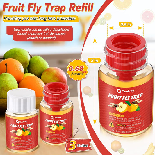Qualirey 6 Pack Fruit Fly Traps for Indoors, Fruit Fly Killer and Catcher, Trap Refill Liquid for Home & Kitchen, Non Toxic Safe Near Food, Effective Lure Refill for Indoor Use