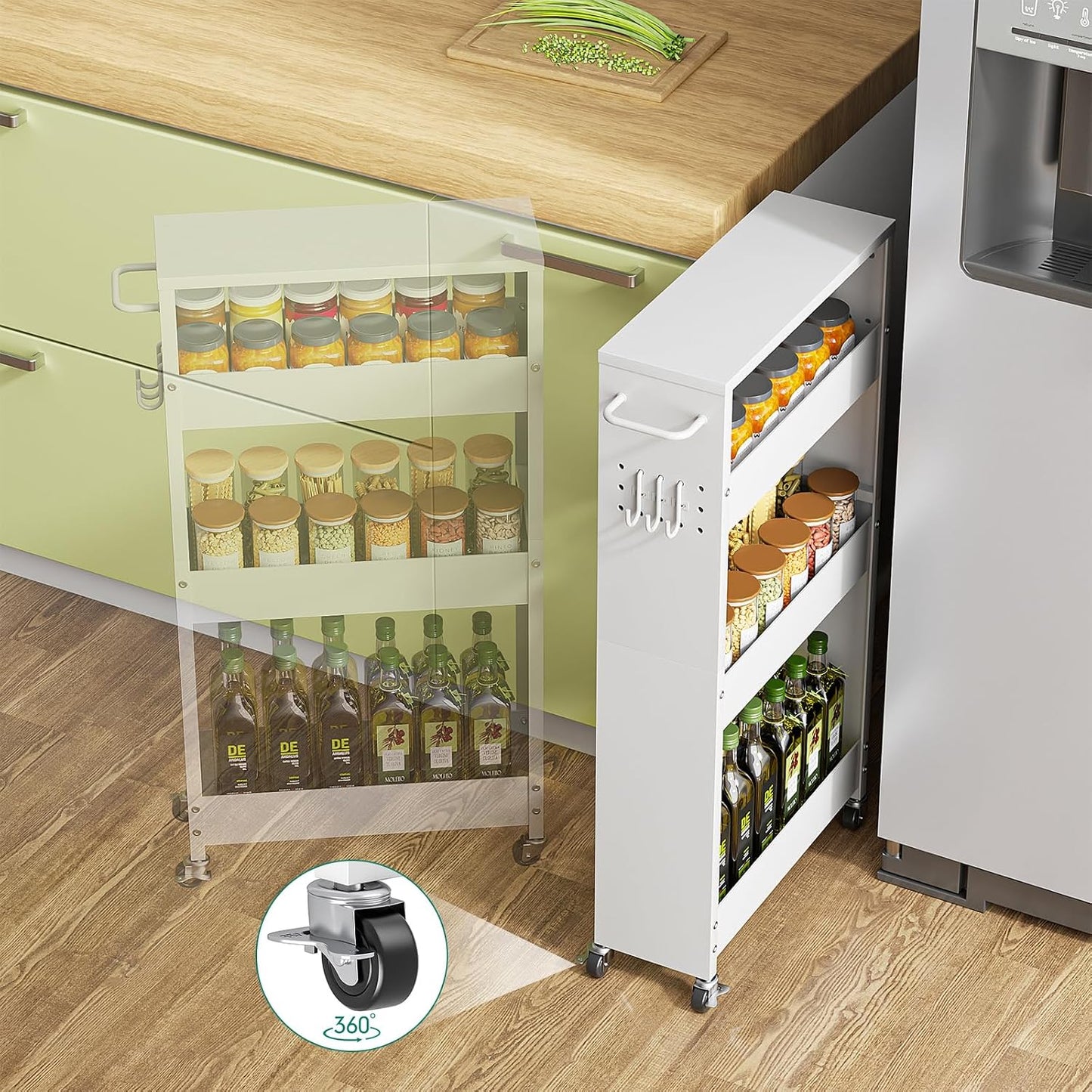 XYZLVSI Slim Storage Cart, Narrow Kitchen Rolling Cart for Small Spaces | 5.9" W skinny storage cart, 12.4" bottom metal utility cart with 360° swivel wheels for bathroom/laundry, slim shelf, white