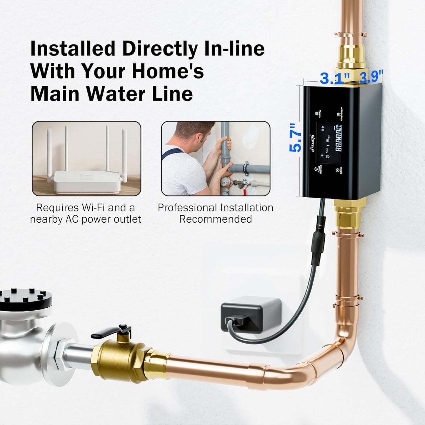 Frizzlife LP365-P Smart Water Monitor and Automatic Shutoff - 0.01 GPM Ultrasonic Micro Leak Detection, Wi-Fi / APP Control, Pressure+Flow Monitoring, 24/7 Water Usage Reports, Fits 3/4" and 1"