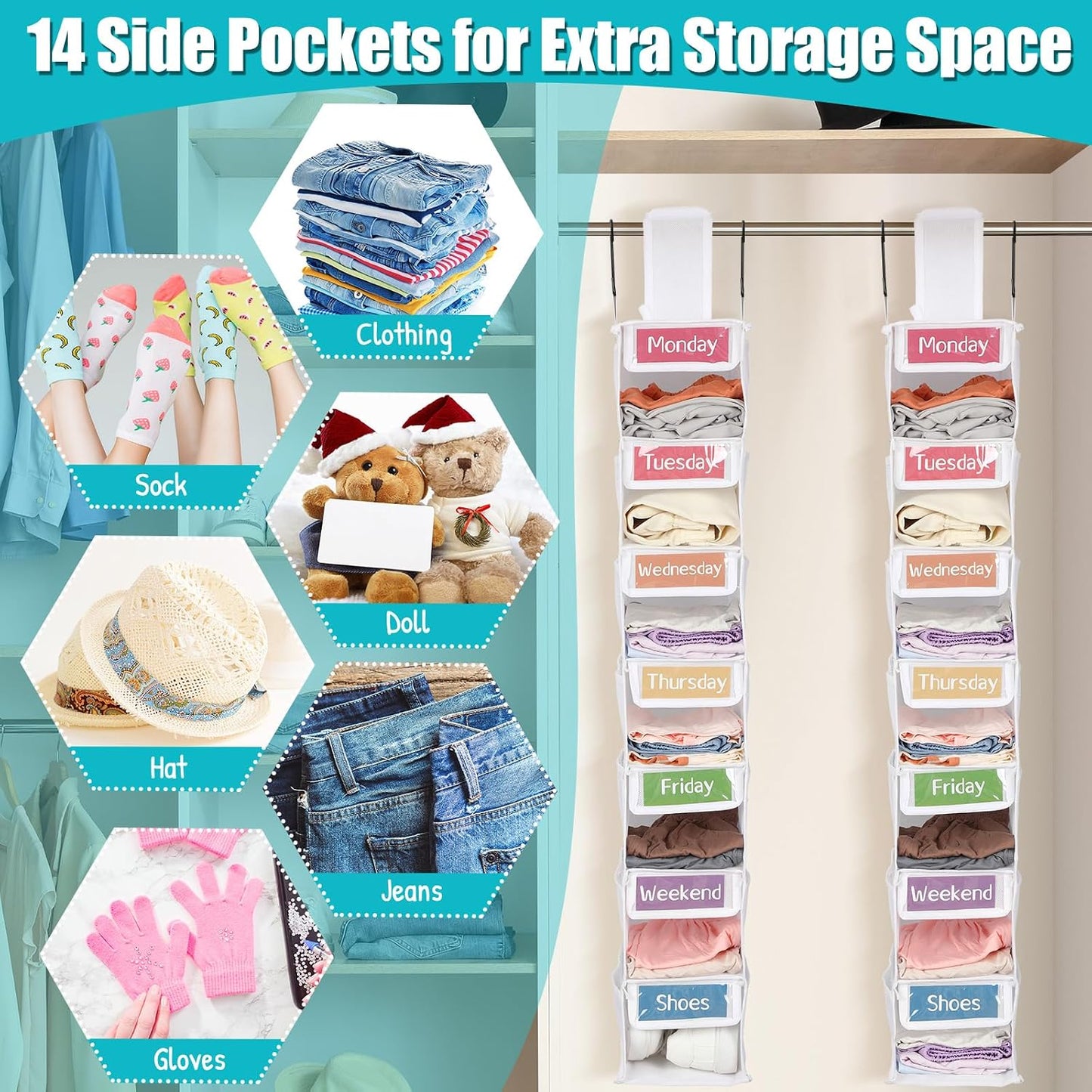 2 Pack 7 Shelf Weekly Clothes Organizer Hanging Closet for Kids with Side Pockets Weekday Shoes Rack Weekly Clothes Organizers Monday Through Weekend Foldable Storage Shelves(Black)