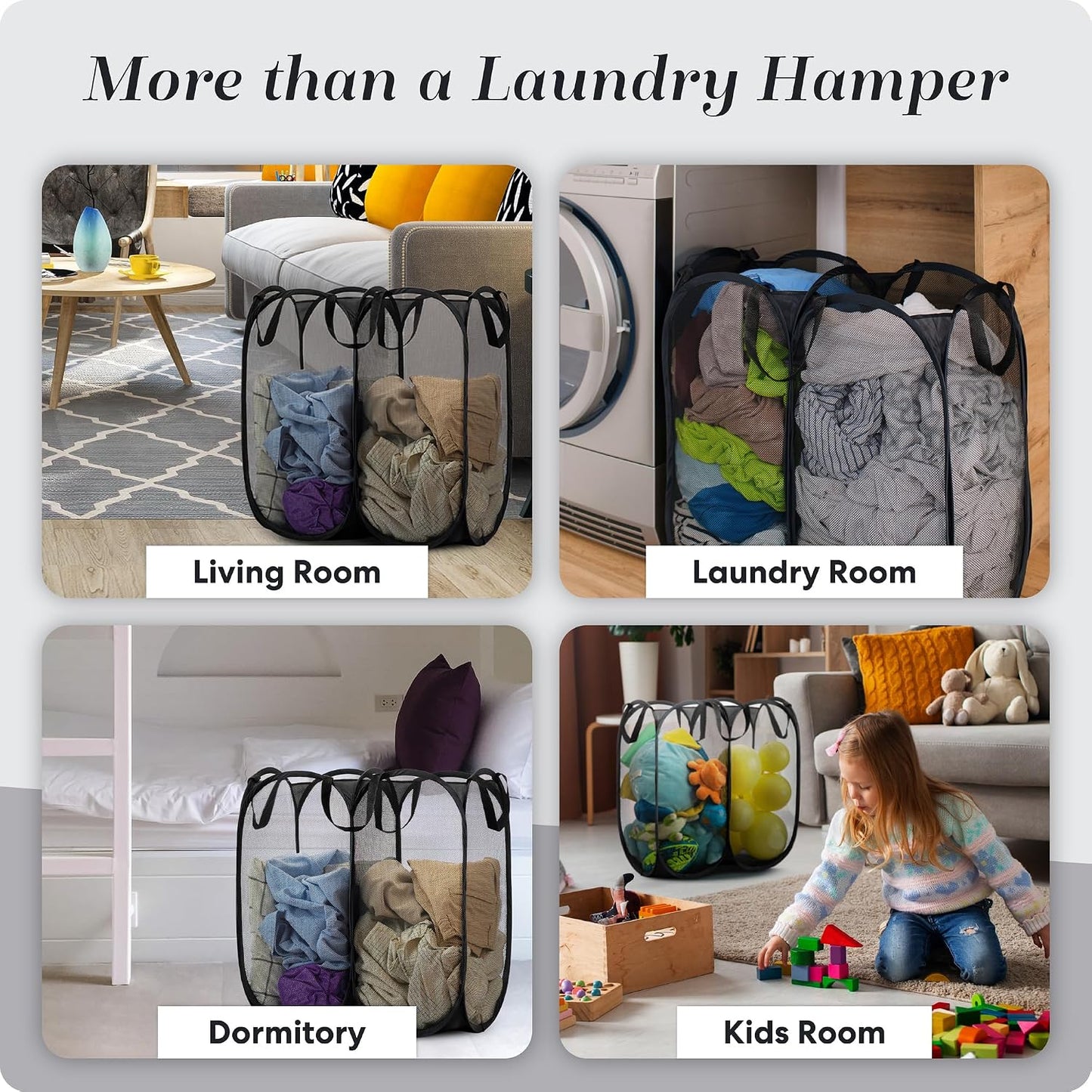 Handy Laundry Double Pop Up Hamper, 2 Section Mesh Basket, Black | Collapsible Laundry Basket, 44 Gal Foldable Divided Sorter, Reinforced Handles, Dual Compartment for Dorm, Travel, Apartment
