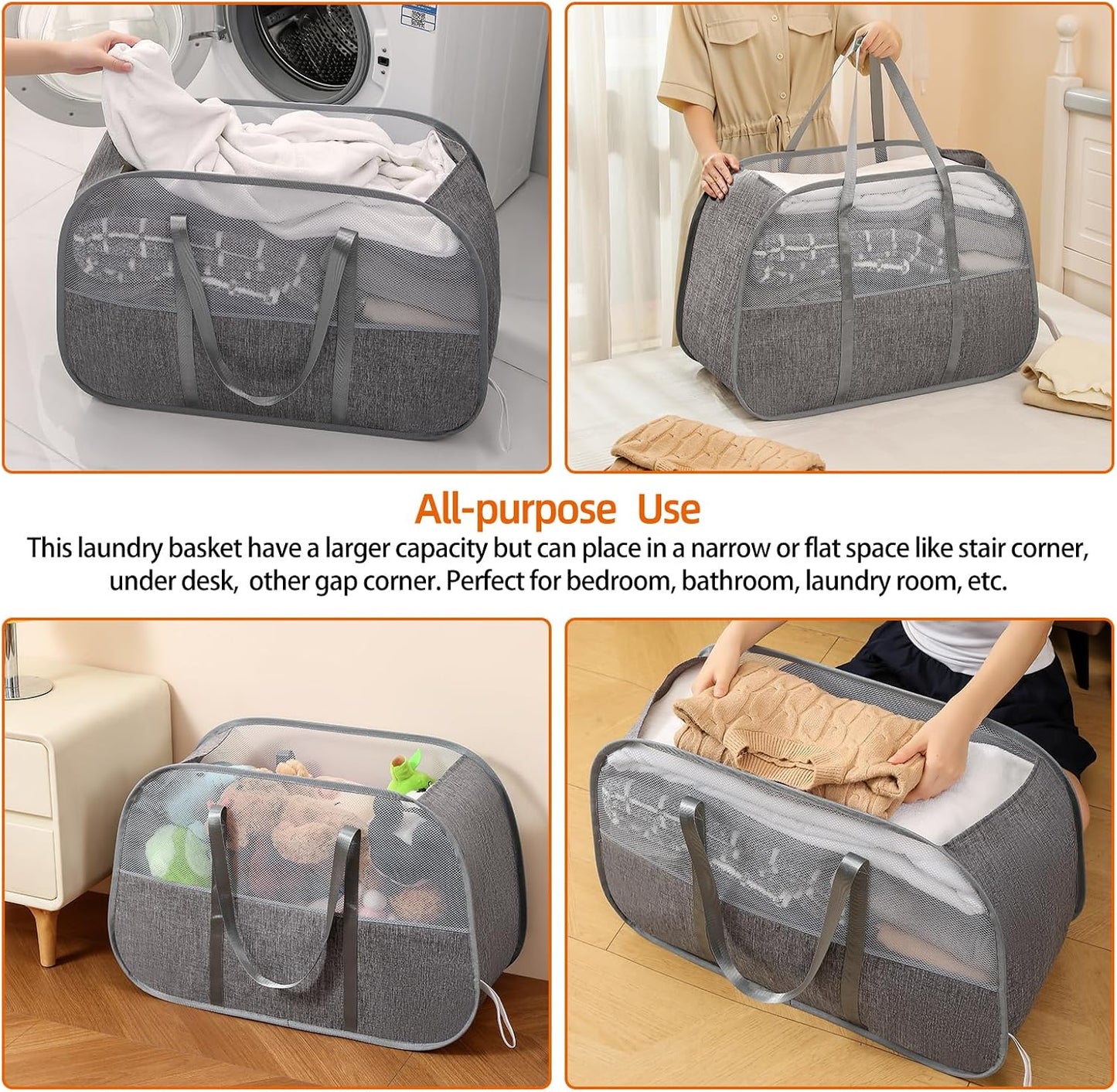 Collapsible Laundry Baskets with 3 Compartment, 150L Tear-proof Pop Up Hamper, Foldable Laundry Basket with Tote Handles, Dirty Clothes Hamper for Laundry, Bedroom, Bathroom, Dorm Grey