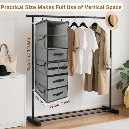 2-in-1 Durable 6-Tier Hanging Closet Organizer with 4 Removable Drawers,2 Separable 3-Tier Thickened Fabric Hanging Shelf Clothes Storage Organization Space-saving for Bedroom,Dorm,Guestroom,RV,Travel