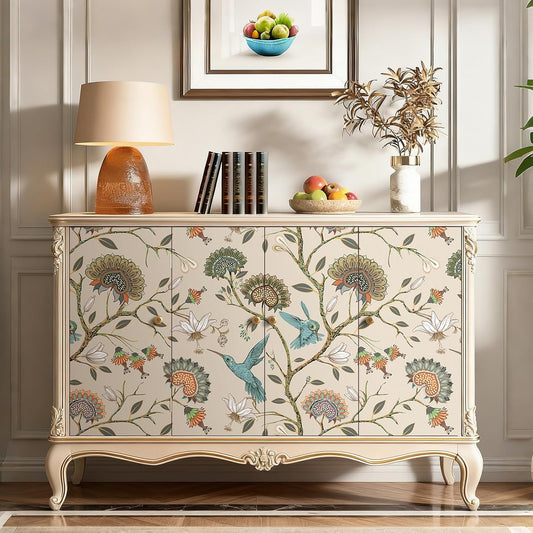 FunStick Vintage Beige Floral Peel and Stick Wallpaper Boho Bird Wallpaper Removable Beige Floral Contact Paper for Cabinets Renter Friendly Wall Paper for Bedroom Bathroom Walls Waterproof 17.5"x118"